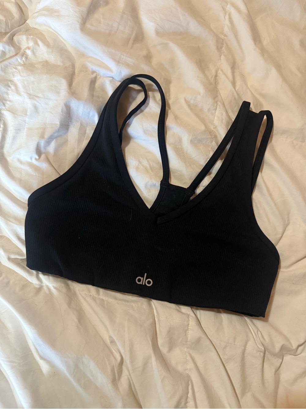 ALO Yoga Black Ribbed Double-Strap Sports Bra